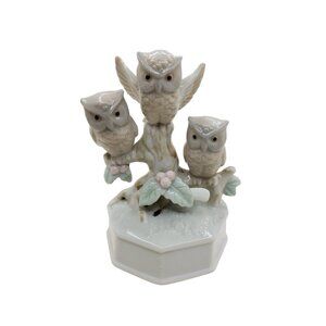 Vintage Porcelain Owl Rotating Music Box featuring 3 cute owls on a Branch, work